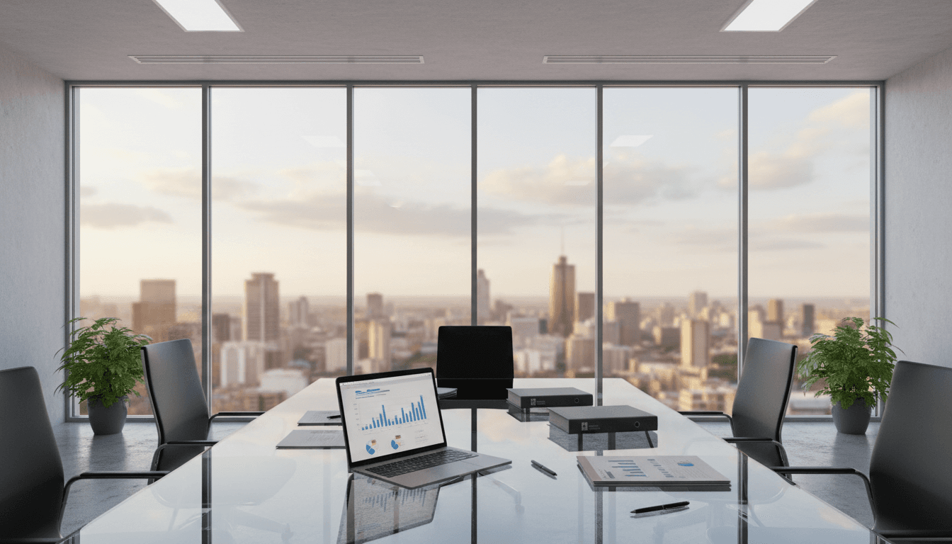 Modern Johannesburg office boardroom with skyline views