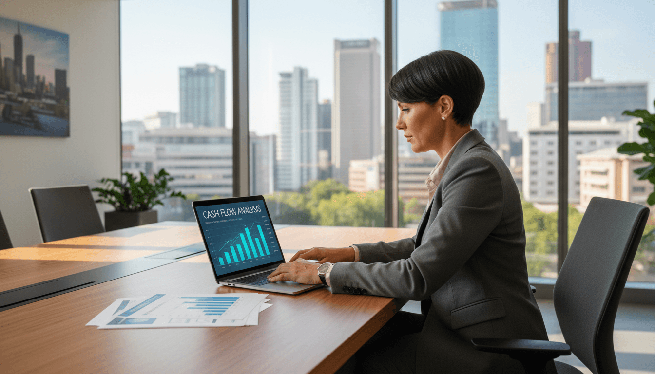 Financial advisor reviewing cash flow reports in a modern office