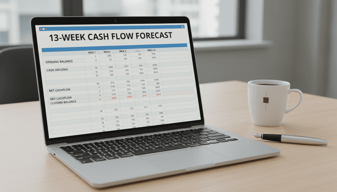 Laptop showing a 13-week cash flow forecast spreadsheet on a desk