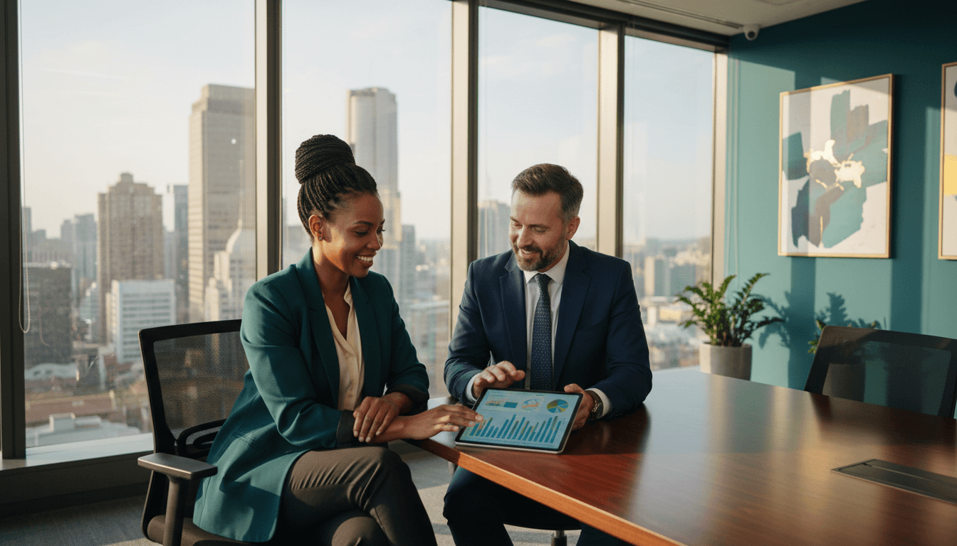 Business owner reviewing financial charts with an advisor in a modern office