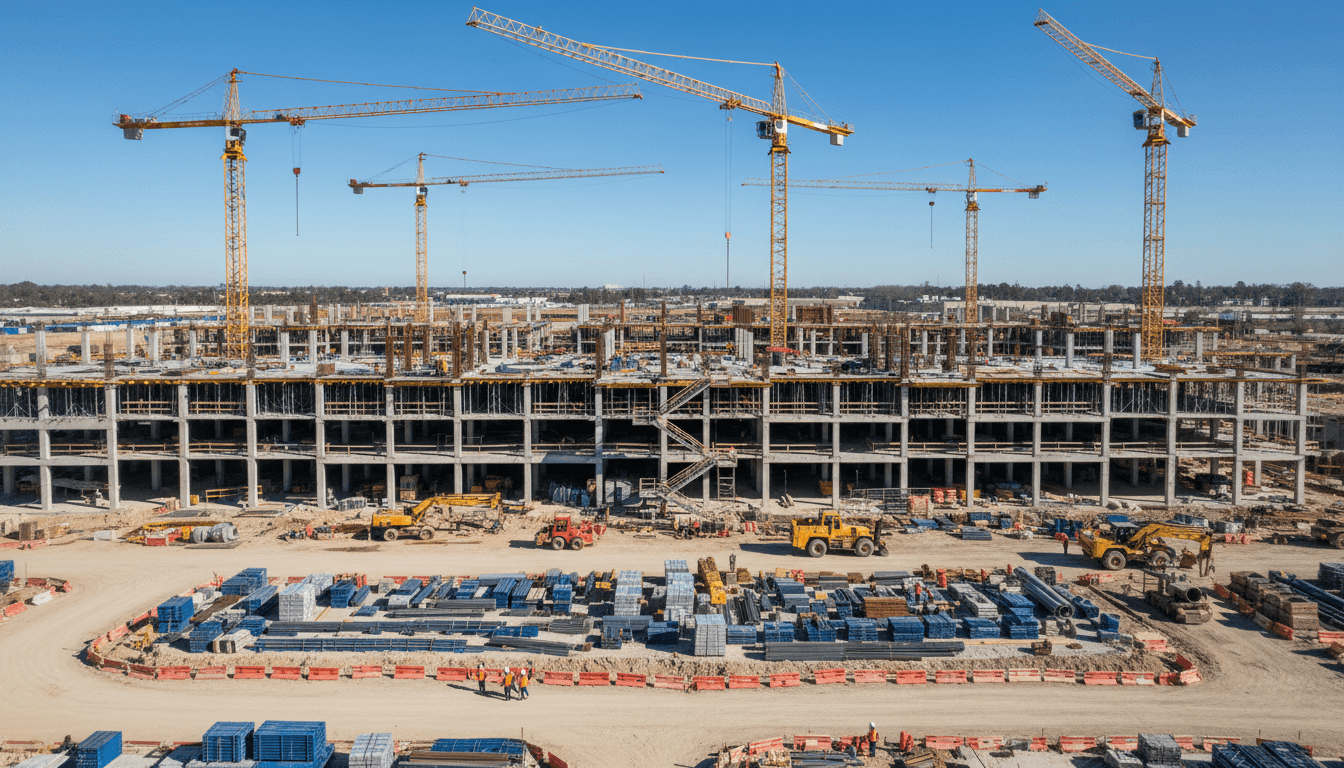 Construction site with cranes and a manager checking a tablet