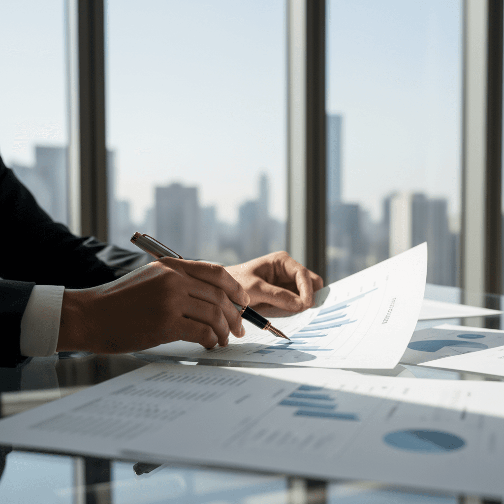 Financial reports and a laptop on a desk