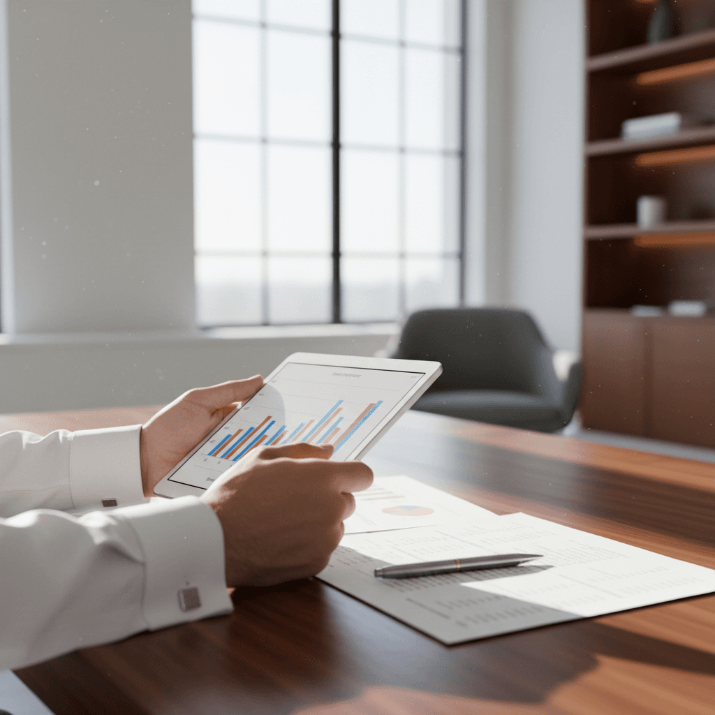 Financial advisor's desk with laptop showing financial charts in warm light